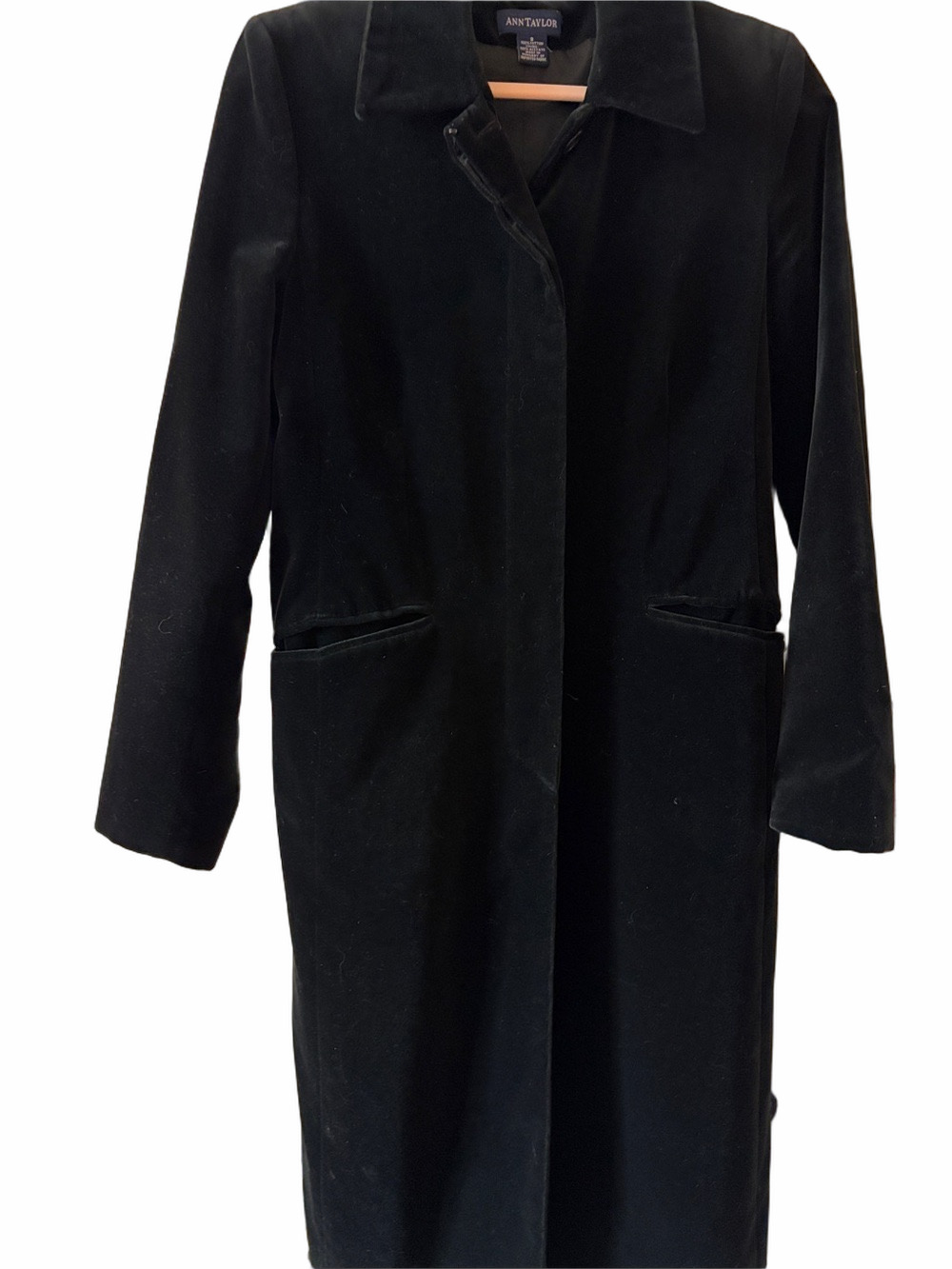 Ann Taylor classic black Velvet trench coat single style covered buttons 8.